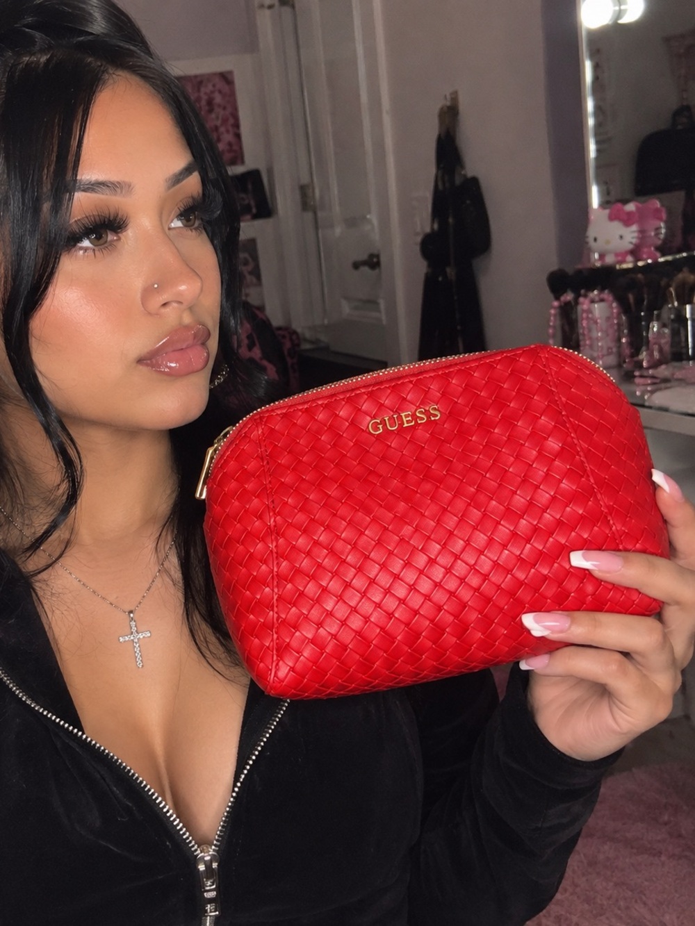 GUESS Red Quilted Cosmetic Pouch